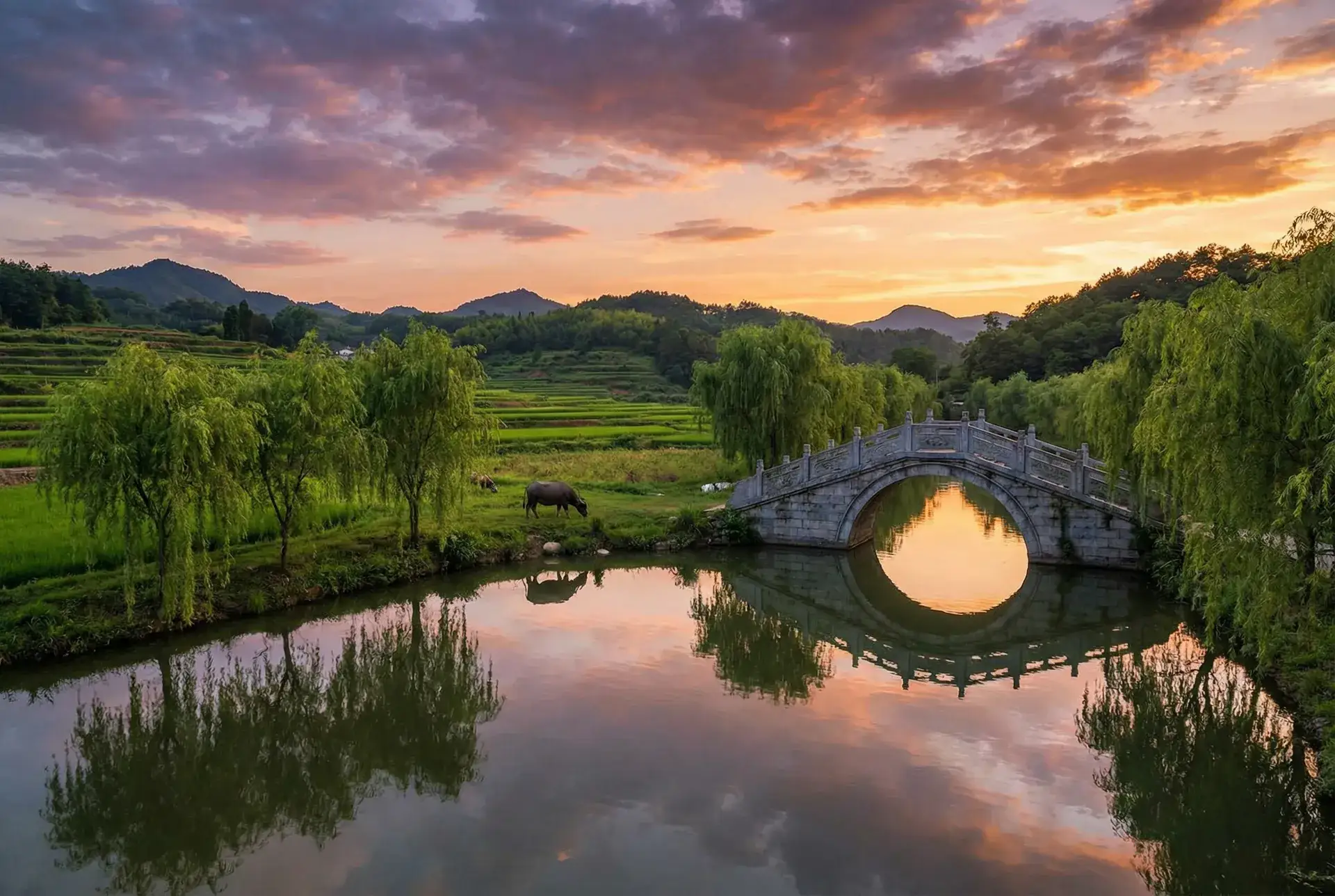 夕阳下的石拱桥与垂柳，水牛在河边吃草 - 苏镇巫婆 乡村美景